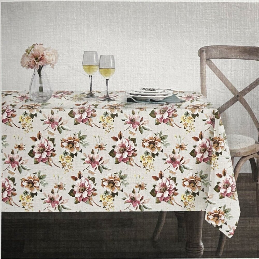 Boundary Tablecloth 60 x 120"  100% Cotton Spring Floral MagnoliaTan Pink Rose